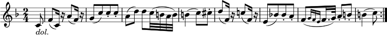 
\relative c' {
\key f \major \time 2/4
\partial 8 c8 _\markup{ \italic "dol."} | f8( c16) r a'8( f16) r
g8([ c) c-. c-.] | a8( d) d c32( b a b) | b4( c8) cis-. | d8( f,16) r c'!8( f,16) r
e8([ bes'!) bes-. a-.] | f8([ \grace { g16 f e } f16. g32)] a8-. b-. | b4( c8) \bar ":|."
} 