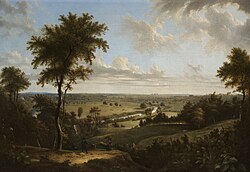 A landscape with a tree on the left foreground , a hilly section on the middle and right foreground, and a fairly flat plain stretching a long distance in the background with very few structures visible. A river cuts across the background from the bottom left to the top middle