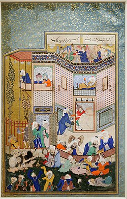 Allegory of drunkenness. Hafez appears in the window over the jars, painted and signed by Sultan Mohammed circa 1531.[17][1]