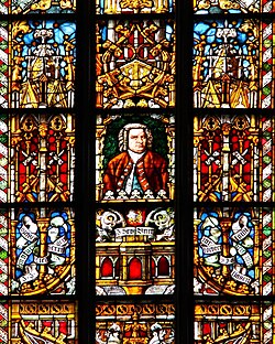 Stained-glass Bach church window (detail)