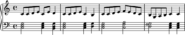 
{
      \new PianoStaff <<
        \new Staff <<
            \relative c' {
                \clef treble \key c \major \time 4/4
                c8 c d e c e d4 c8 c d e c4 b c8 c d e f e d c b g a b c4 c
                }
            >>
        \new Staff <<
           \set Score.tempoHideNote = ##t \tempo 4 = 120
           \clef bass \key c \major \time 4/4
           \new Voice \relative c {
                <c e g>2 <c e g>4 <b d g>4 <c e g>2 <c e g>4 <d g> <c e g>2 <c f a> <d f g> <c e g>4 <c e g>
                }
            >>
    >> }
