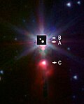 Lambda Orionis A, B and C. Background image was taken with Spitzer and insert showing the AB components is from Gemini