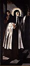 St. Teresa of Avila, in a Carmelite habit, and with a halo of golden rays, holds a crucifix aloft.