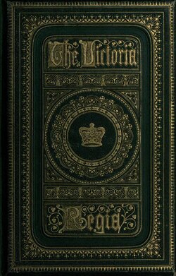 Book cover showing a large, deep blue volume. The words "Victoria Regia" are prominent in the center, in a large, heavy, old-fashioned font, with gold embossed lettering. The title is surrounded by gold-embossed scrolls.