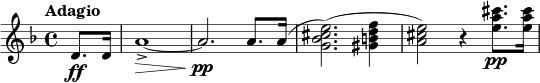 \relative c' {
\key d \minor
\tempo "Adagio"
\partial 4 d8.\ff d16 | a'1~->\> | a2.\pp\! a8. a16( | <e' cis bes g>2.)( <f d b gis>4 | <e cis a>2 ) r4 <cis' a e>8.\pp <cis a e>16
}