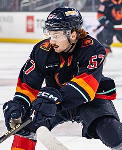 Ice hockey player in a Coachella Valley Firebirds jersey
