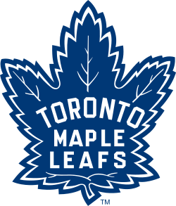 Old logo for the Maple Leaf, featuring a blue maple leaf stylized with leaf veins on its edges, with white lettering Toronto Maple Leaf placed within the Maple Leaf.