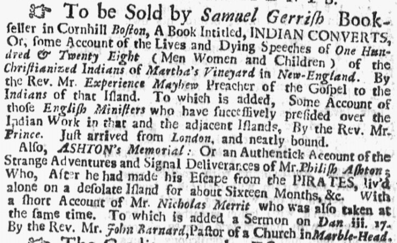 1727 SamuelGerrish NewEnglandWeeklyJournal Boston Oct9.png