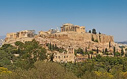 Acropolis of Athens, a noted polis of Classical Greece. The polis was the whole city, which had its own walls. Shown is a part of the polis, the akropolis, "city heights", which was never alone regarded as its own city. The origins of the settlement are lost in prehistoric times. Also included in the classical Athenian polis were suburban locations in the region of Attica, such as the port, Piraeus.