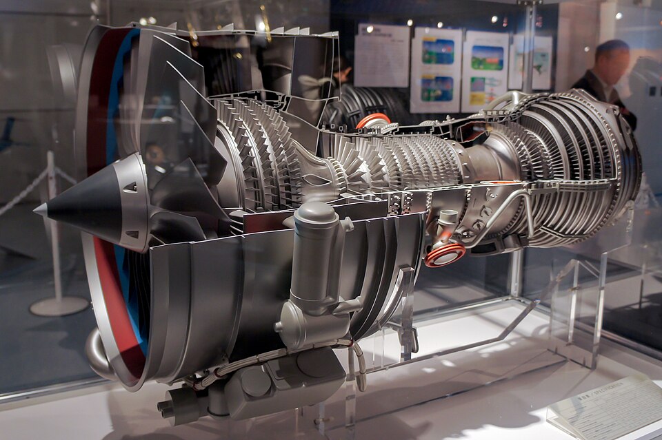 Turbofan (IAE V2500) showing machinery needed to transfer energy from the core to bypass air which flows along the cutaway bypass duct. Those parts are the 5-stage turbine, extreme right identified with tip shroud rings, and the fan, extreme left. These parts introduce their own losses to the engine in achieving a gain in propulsive efficiency.