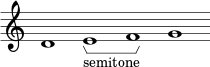 \new Staff \with { \consists Horizontal_bracket_engraver \remove "Time_signature_engraver" \remove "Bar_engraver" }
\relative c' {
d1 e -\tweak HorizontalBracketText.text "semitone" \startGroup f\stopGroup g}