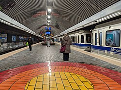 An underground light rail station in Edmonton, Canada, part of the first light rail system in North America