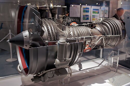 IAE V2500 turbofan (1987) with overall pressure ratio of about 35:1 which is generated by 1 fan, 4 low pressure and 10 high pressure compressor stages. By 2016 overall pressure ratio had reached 60:1 in the General Electric GE9X.[55]