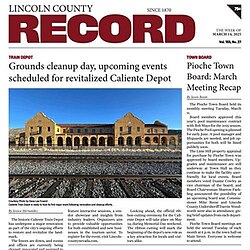 The red nameplate with two stories underneath: "Train Depot: Grounds cleanup day, upcoming events scheduled for revitalized Caliente Depot" by Jessica Hernandez and "Town Board: Pioche Town Board: March Meeting Recap" by Jason Beam. The station story has a picture of a Mission Revival story building.
