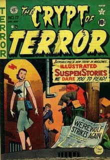 A comic book cover reading "The Crypt of Terror" in yellow letters on a green background. Below is a colorful illustration of a woman walking alone on a dark city street with a crazed half-man-half-wolf leering at her from around a corner.