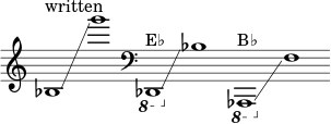 
    {
      \new Staff \with { \remove "Time_signature_engraver" }
      \clef treble \key c \major ^ \markup "written" \cadenzaOn
      bes1 \glissando g'''1
      \clef bass
      \ottava #-1 des,,1  ^ \markup "E♭" \glissando \ottava #0 bes1
      \ottava #-1 aes,,,1 ^ \markup "B♭" \glissando \ottava #0 f1
    }
  