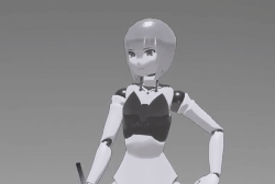 A gray, anime-style robot girl uses a marker to draw a pink heart shape in the air. She then grabs the heart and presents it to the viewer with a smile.