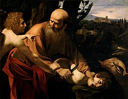 Painting of an elderly man holding a young boy's head down with one hand; a winged angel restrains the man's other hand, which grasps a knife. A ram looks on from the side; in the background is a Renaissance landscape with hills, trees, and a castle.