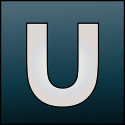 A dark blue, nearly square rectangle, within which is a light grey, sans-serif, capital letter U.
