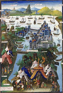 A labeled miniature painting showing the fall of Constantinople in 1453