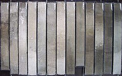 Sediment core, taken with a gravity corer by the research vessel POLARSTERN in the South Atlantic; light/dark-coloured changes are due to climatic variation of the Quaternary; basis age of the core is about 1 million years.