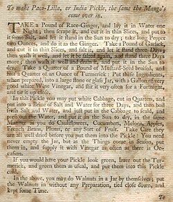 Hannah Glasse's recipe for "Paco-Lilla or India Pickle", 1758