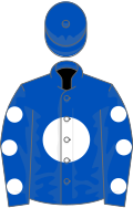 Royal blue, white disc, royal blue sleeves, white spots