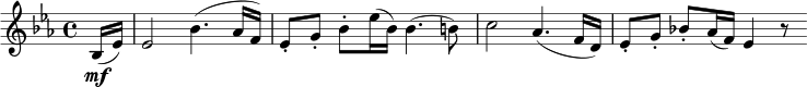 { \relative bes { \key es \major \time 4/4
\partial 8 bes16( \mf es) | es2 bes'4.( as16 f) | es8-. g-. bes-. es16( bes) bes4.( b8) |
c2 as4.( f16 d) | es8-. g-. bes!-. as16( f) es4 r8}} 