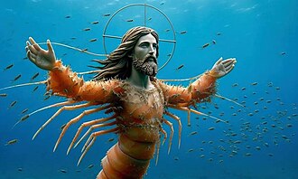 A Crustacean man underwater, with a stone head, neck, and hands. His body and arms are a sort of lobster-crab shell, and he has a dozen long crab legs sprouting from his sides.