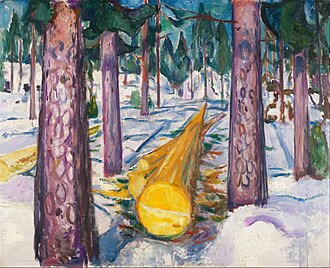 The Yellow Log, 1912, .mw-parser-output .frac{white-space:nowrap}.mw-parser-output .frac .num,.mw-parser-output .frac .den{font-size:80%;line-height:0;vertical-align:super}.mw-parser-output .frac .den{vertical-align:sub}.mw-parser-output .sr-only{border:0;clip:rect(0,0,0,0);clip-path:polygon(0px 0px,0px 0px,0px 0px);height:1px;margin:-1px;overflow:hidden;padding:0;position:absolute;width:1px}129.5 cm × 159.5 cm (51 in × 62+3⁄4 in), Munch Museum, Oslo