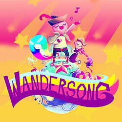 "Wandersong" written in a stylised font, in front of a depiction of a bard singing on top of a planet with characters and landscapes visible.