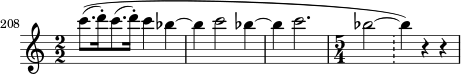 \relative c''' {
\set Score.tempoHideNote = ##t
\tempo 2 = 58
\set Score.currentBarNumber = #208
\bar ""
\set Staff.midiInstrument = #"flute"
\transposition g
\numericTimeSignature
\time 2/2 c8.\(( d16-.) c8.( d16-.) c4 bes4~
bes4 c2 bes4~ bes4 c2.
\time 5/4 bes2~ \bar "!"
bes4\) r4 r4
}