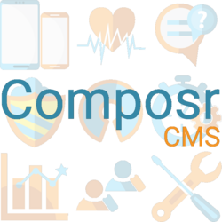 Composr CMS placed on top of a 3x3 grid of User Interface Icons, the primary colors being mute blue and mute orange\