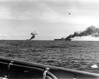 Belleau Wood (left) and Franklin hit by kamikazes, 30 October 1944