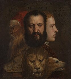 Titian, Allegory of Prudence (c. 1565–1570): The three human heads symbolise past, present and future, the characterisation of which is furthered by the triple-headed beast (wolf, lion, dog), girded by the body of a big snake.