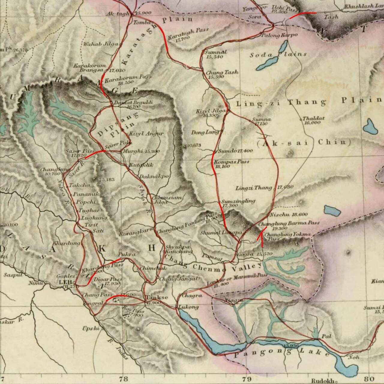 Map of Tibet and Pangong Lake in 1873 from Hindutagh-pass-aksai-chin-center2-1873 (cropped).jpg