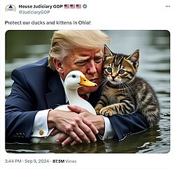 A Twitter post featuring an AI-generated image of Donald Trump hugging a duck and a cat, tweeted by the Republican Party's account for the United States House Committee on the Judiciary on September 9, 2024, accompanied by the text "Protect our ducks and kittens in Ohio!"