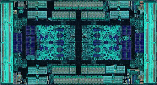 Die shot of the center die, after removal from processor package substrate and metallization etching