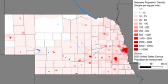 Map of state: mostly one to twenty-five people per square mile, with density increasing as one moves eastward