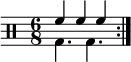 \new Staff <<
\new voice \relative c' {
\clef percussion
\numericTimeSignature
\time 6/8
\set Score.tempoHideNote = ##t \tempo 4. = 80
\stemDown \repeat volta 2 { g4. g }
}
\new voice \relative c' {
\stemUp \repeat volta 2 { f4 f f }
}
>>