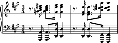 {
\new PianoStaff <<
\new Staff <<
\relative c'' {
\clef treble \key fis \minor \time 3/4
r8. <g a cis eis>16 <g a cis eis>8. <fis d' fis>16
<fis d' fis>4 r8. <d fis d'>16 <d fis d'>8. <a' c dis a'>16
<a c dis a'>4
}
>>
\new Staff <<
\new Voice \relative c, {
\clef bass \key fis \minor \time 3/4
r8. <a a'>16 <a a'>8. <d d'>16
<d d'>4 r8. <d d'>16 <d d'>8. <fis, fis'>16
<fis fis'>4
}
>>
>> }