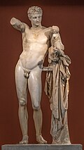 Hermes and the Infant Dionysus; by Praxiteles; 330-320 BC; marble; height: 2.15 m; Archaeological Museum of Olympia (Olympia, Greece)[5]
