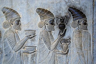 A bas-relief from the Apadana Palace depicting Delegations including Lydians and Armenians[43] bringing their famous wine to the king.