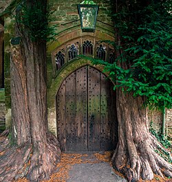 Yews framing door of St Edward's Church, Stow-on-the-Wold