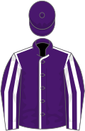 Purple, white seams, striped sleeves, purple cap