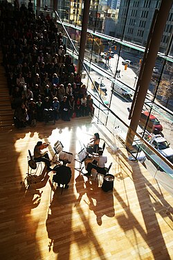 The Annex String Quartet performing in the Richard Bradshaw Amphitheatre at the Four Seasons Centre in Toronto.