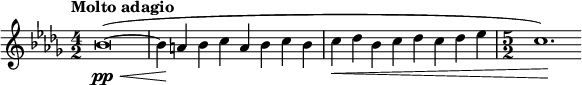 \relative c'' { \set Staff.midiInstrument = #"string ensemble 1" \clef treble \key bes \minor \time 4/2 \tempo "Molto adagio" \override Hairpin.to-barline = ##f
bes\breve(~\pp\< | bes4\! a bes c a bes c bes | c\< des bes c des c des ees | \time 5/2 c1.\!) }