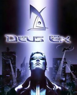 At the center of the cover, smooth slender mechanical objects shaped as letters spell the game's title. A man wearing sunglasses and a black trench coat looks upward at a light shining down on him. A cityscape of skyscrapers with black helicopters shining searchlights downward are in the background.