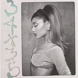 Cover art for "34+35": a greyscale portrait of Ariana Grande in a high ponytail, facing her right with her eyes closed
