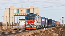 Freight train arriving at Alashankou railway station